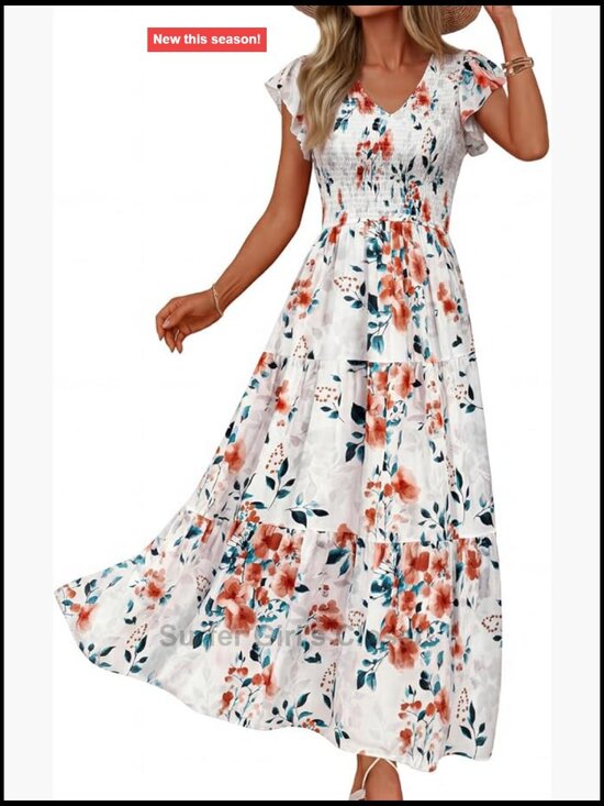 Dresses & Skirts - Flutter Sleeve Smocked Midi Dress V-Neck A-Line Ruffle